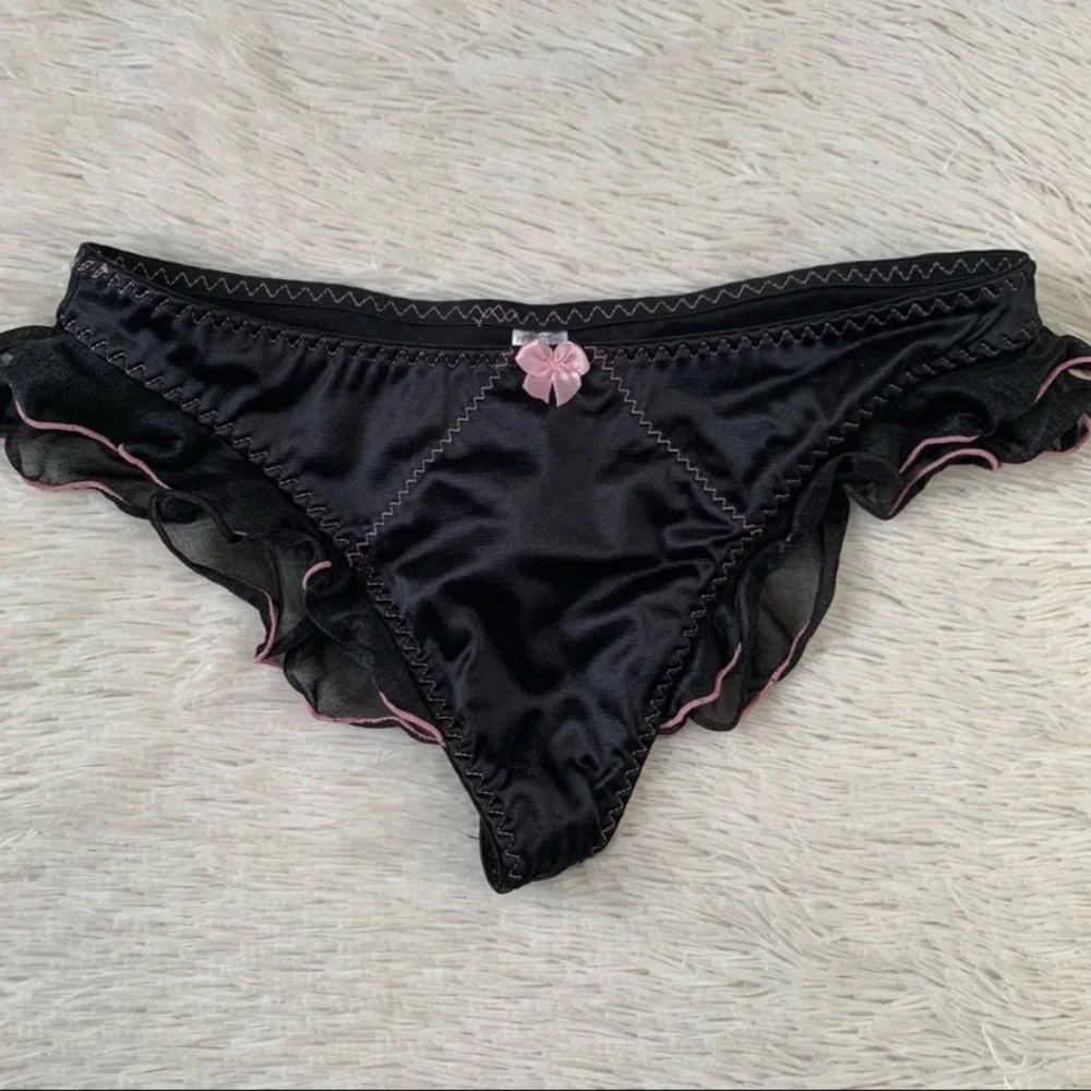 Vintage Y2K Black Satin Corset Style Slip w Pink Trim Set